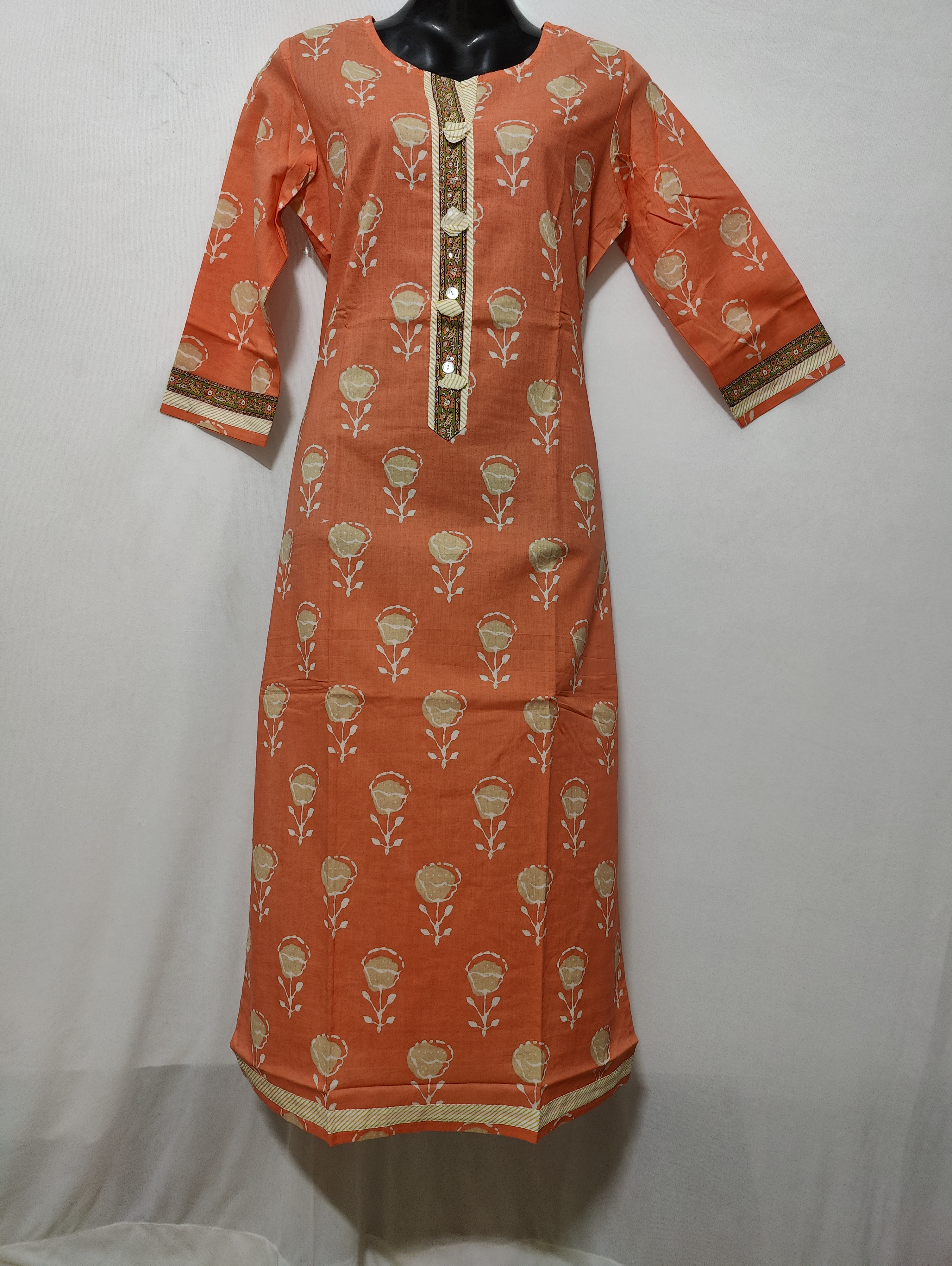 Peach Beige Print Kurta - XL