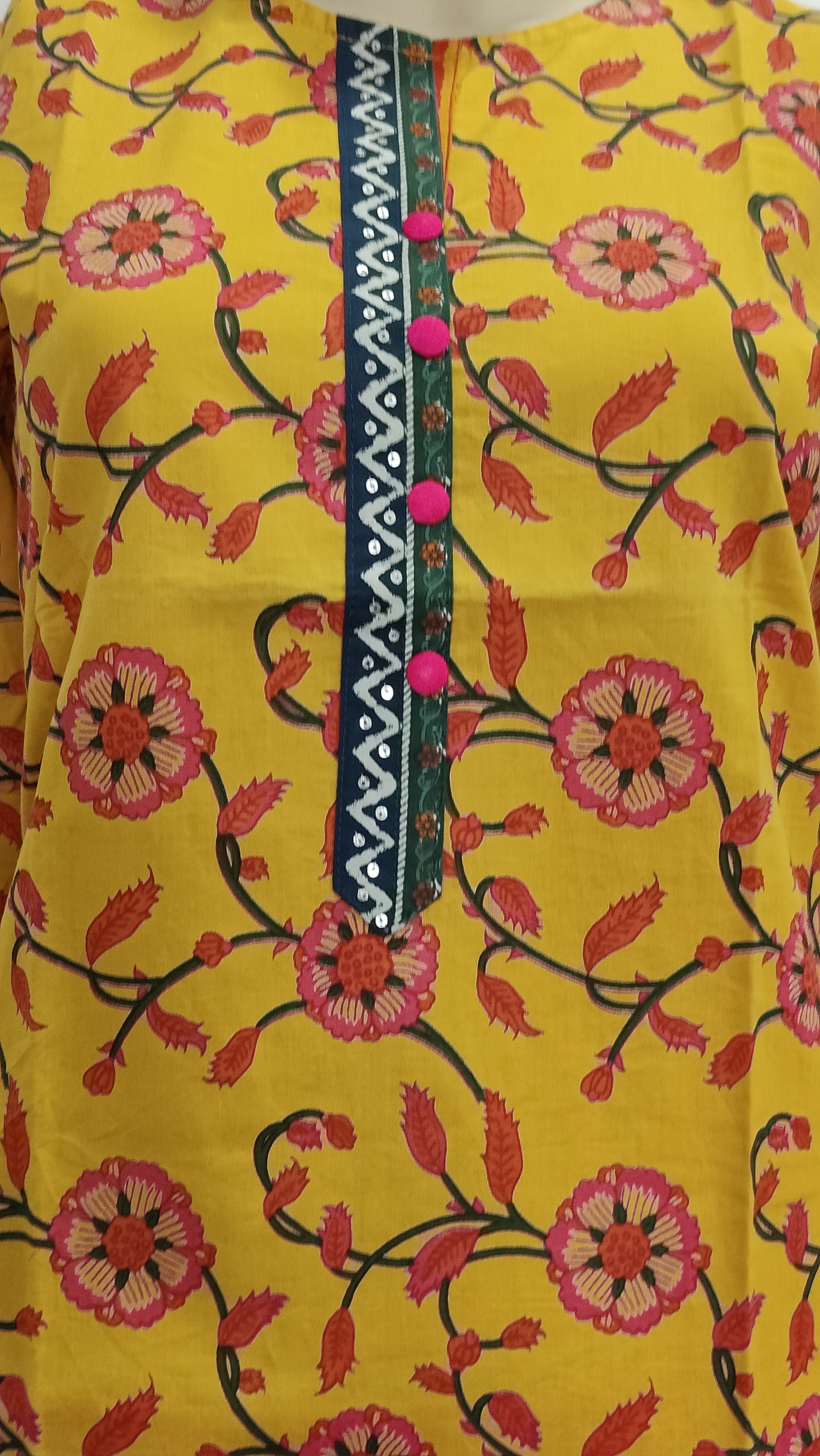 Yellow Pink Floral Print Regular Kurti - S