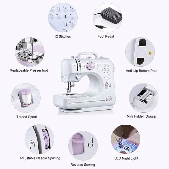 Multifunction Mini Sewing Machine 505A 12 Built-in Stitches, 2 Speeds Double Thread, Foot Pedal Best Allrounder