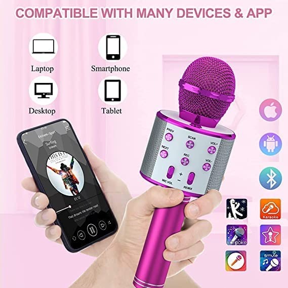 UISP Wireless Bluetooth Karaoke Mike for Singing, Teaching, Birthday Gift, Kids, Kitty Party Speaker Mic Microphone (Pink White) - Pink