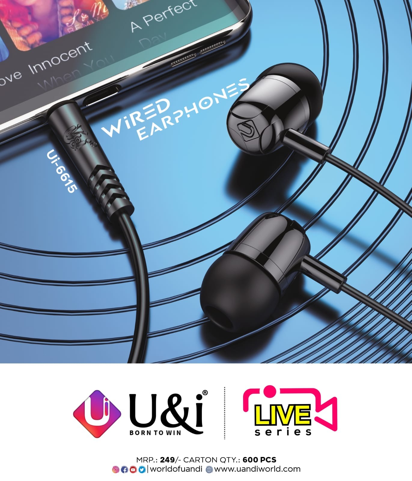 U&I live series earphones Ui-6615 with mic - Black