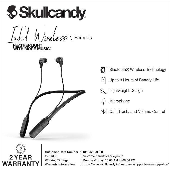 Skullcandy Ink’d SCS2IKW-J509 Bluetooth Wireless In-Ear Earbuds with Mic - Web Orange