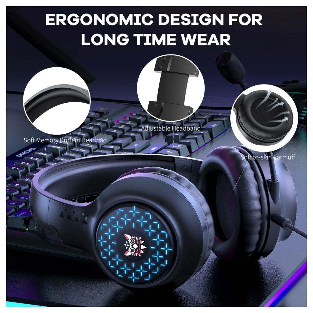 Onikuma X7 Wired Gaming Headphone with Noise Canceling Mic, 6 RGB Breathing Lights, Anti Static - Black