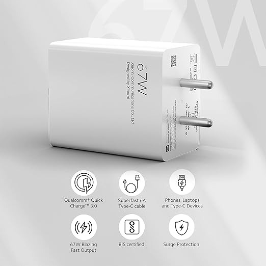 Mi/POCO 67W Original Sonic Charge Combo |Mi/Xiaomi/Redmi Charger|Superfast 6A Type C Included| Laptops, Tablets & Mobile Charger|(Adapter + USB to Type C Cable) - White