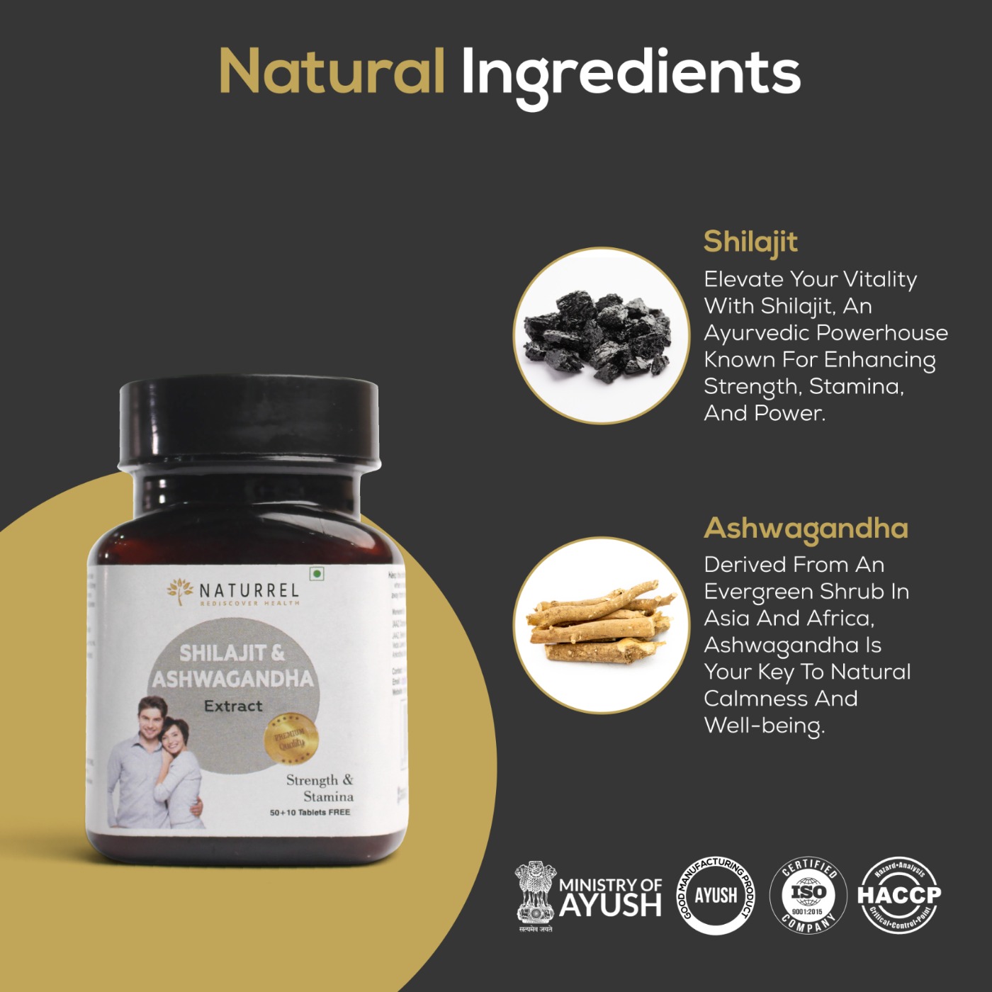 Naturrel NATURREL Ashwagandha & Shilajit - 120 Tablets | Improve Strength & Stamina | Helps in Stress | 100% Pure & Natural Tablets| Pack of 2 - 120 Tablets (Pack Of 2), 24 Months