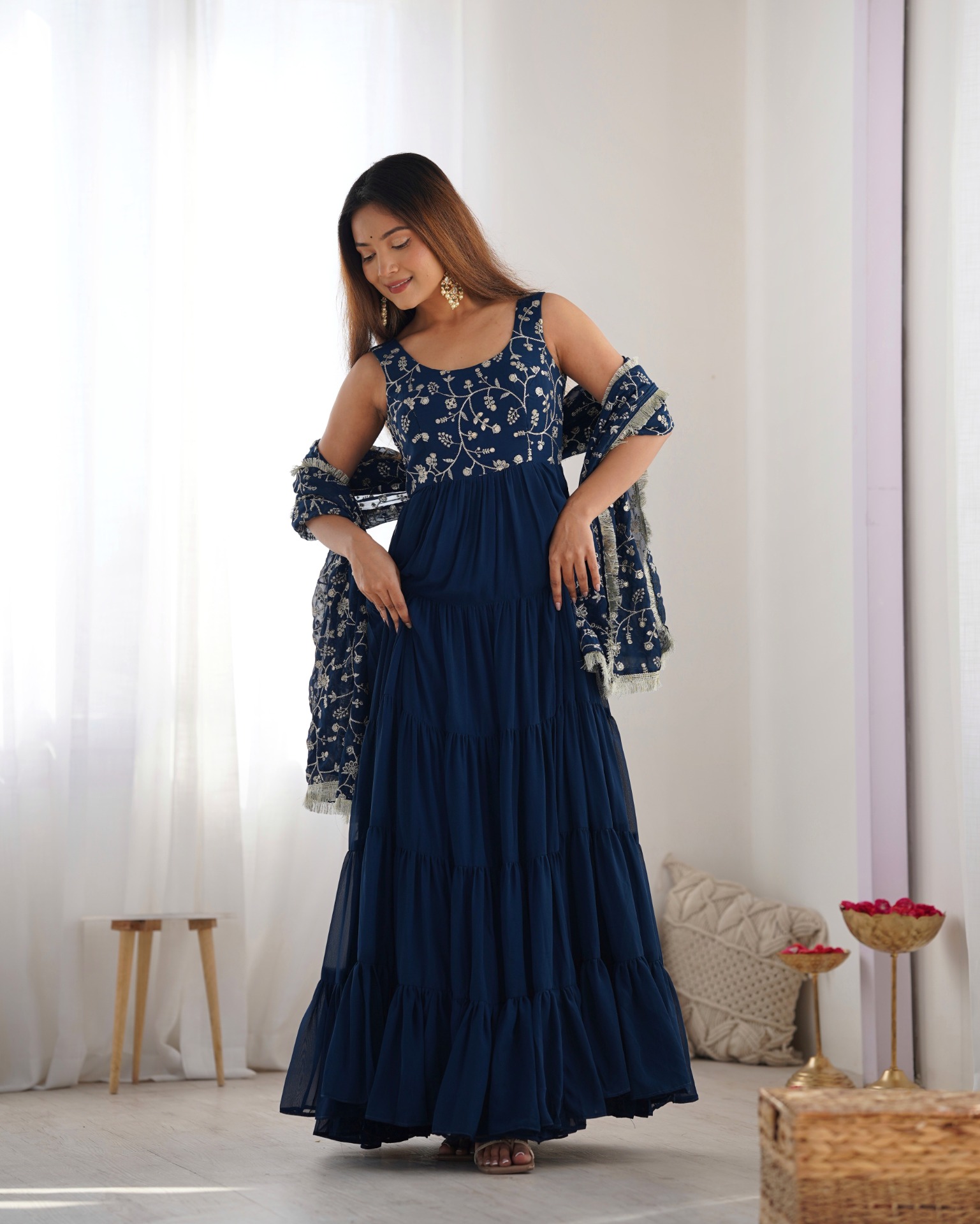 Luxury 12m Flair Fox Georgette Anarkali Set – Embroidered Dupatta & Stitched Pant