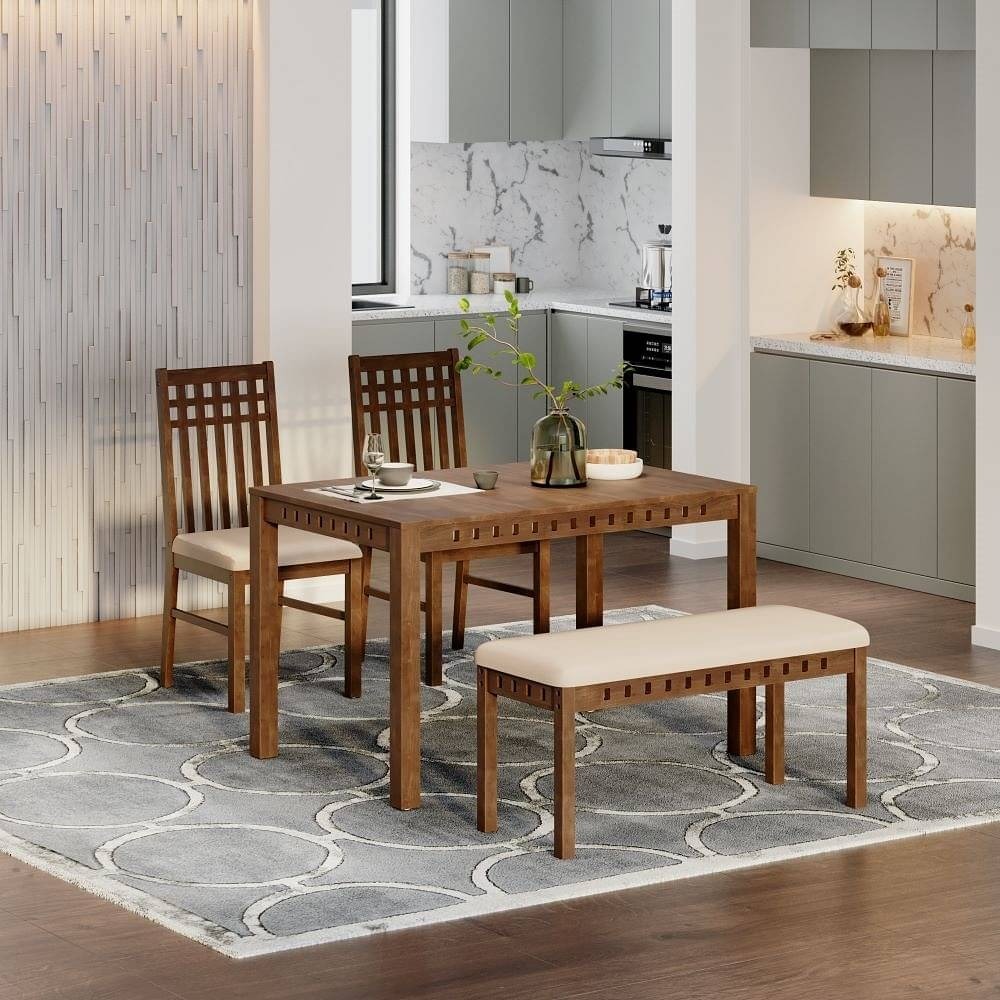 werfo Tuna 4-seater solid wood dining set - Table: (4 seater): L 1.2m x W 80 cm x H 76.5cm (47.2 x 31.4 x 30.1 in inches) Bench: L 1m x W 39.5 cm x H 49cm (39.3 x 15.5 x 19.2 inches) Chair: L 50m x W 46cm x H 1m (39.3 x 18.1 x 19.6 in inches)