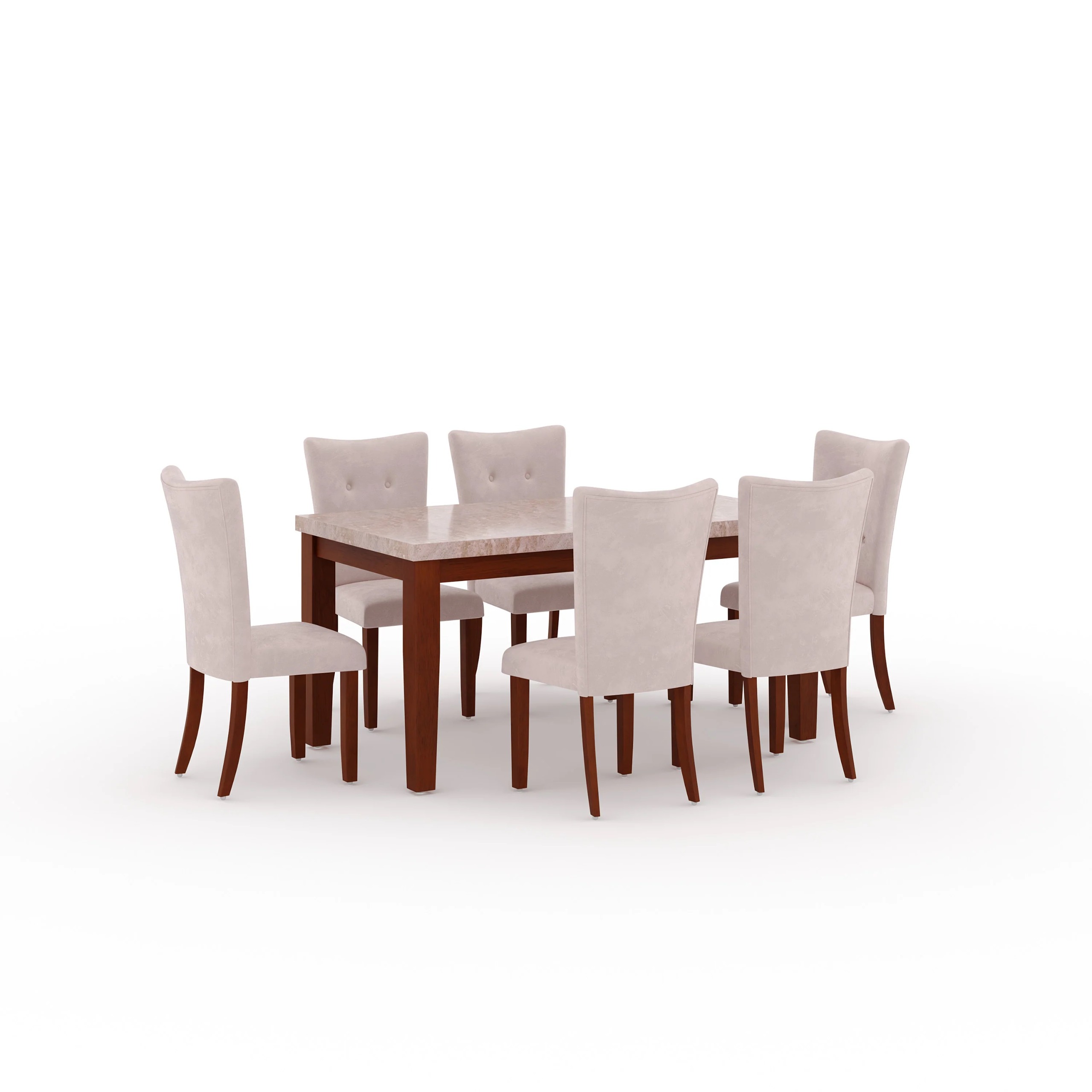 Werfo Anemone Solid wood 6-Seater Marble Top Dining Table With 6 Upholstery Chairs in Walnut Color