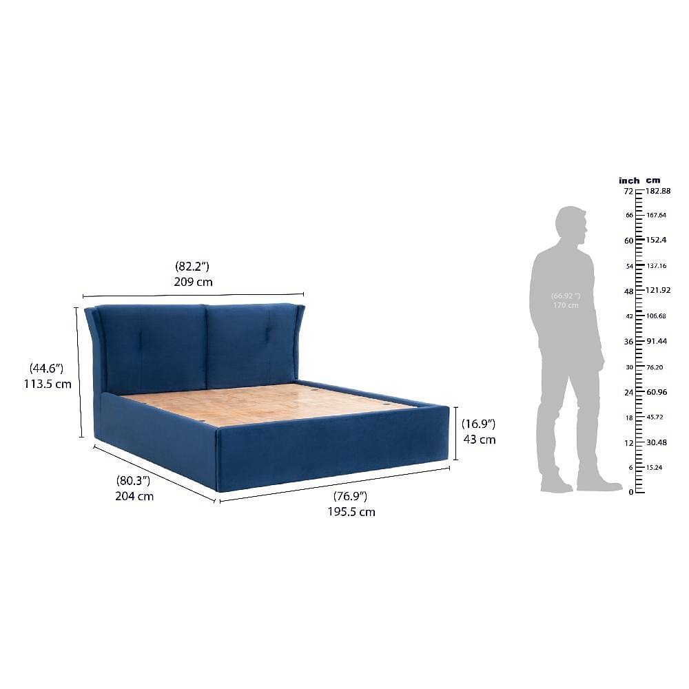 Werfo Logan King Size Solid Wood Upholstered Bed Blue With Storage - 80.3 x 76.9 x 44.6 (inches)