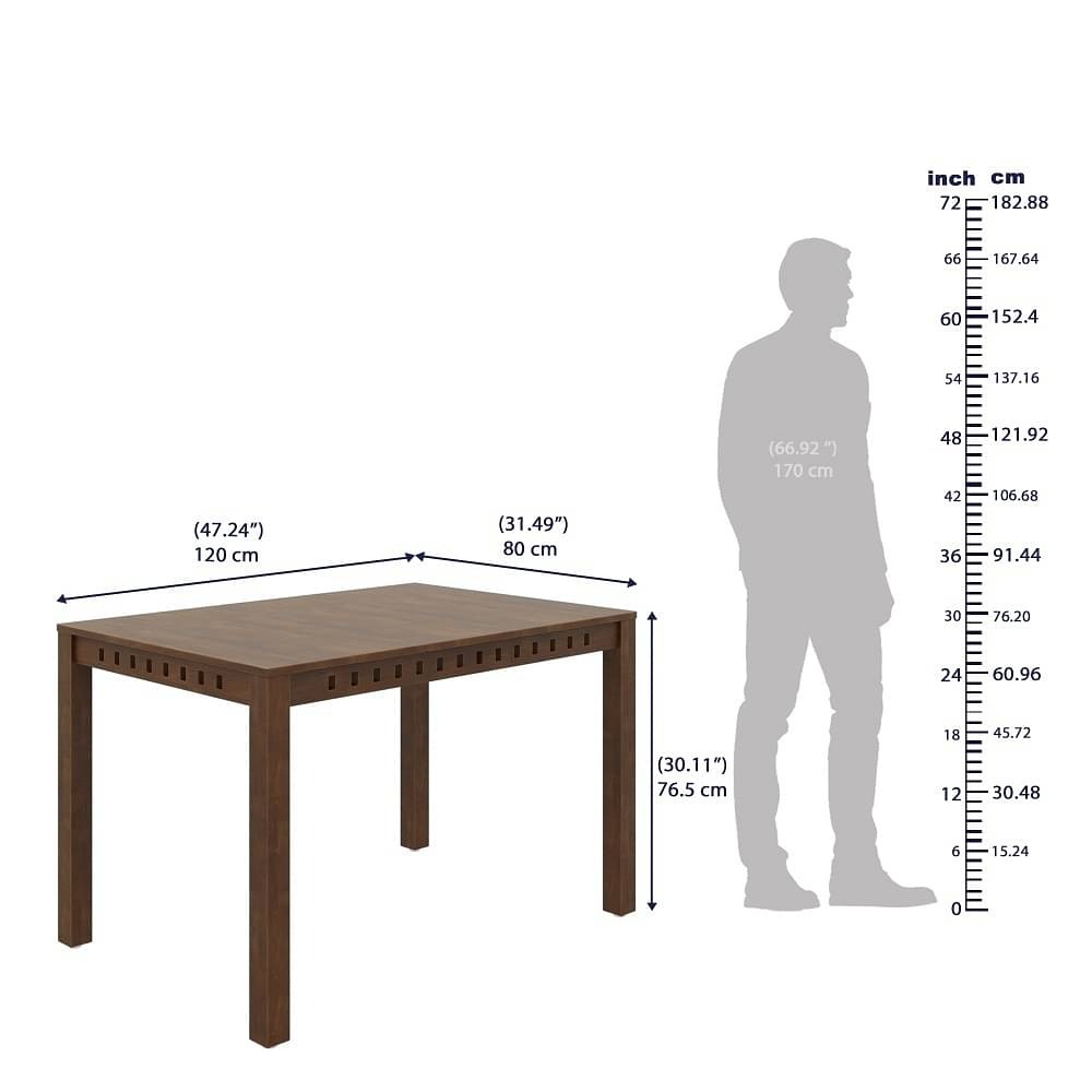 werfo Tuna 4-seater solid wood dining set - Table: (4 seater): L 1.2m x W 80 cm x H 76.5cm (47.2 x 31.4 x 30.1 in inches) Bench: L 1m x W 39.5 cm x H 49cm (39.3 x 15.5 x 19.2 inches) Chair: L 50m x W 46cm x H 1m (39.3 x 18.1 x 19.6 in inches)