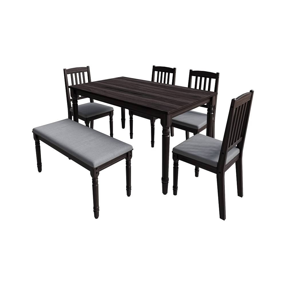 werfo Finik 6 Seater sheesham wood Dining Set (With Cushion - Smoke Grey) - Table: (6 seater): L 1.4 m x W x 89 cm x H 76 cm (57.8 x 35 x 30 in inches) Bench: L 1.1 m x W 40.5 cm x H 47 cm (46 x 16 x 18.5 in inches) Chair: D 53 cm x W 47 cm x H 1.0 cm (20.8 x 18.5 x 40.3 in inches)