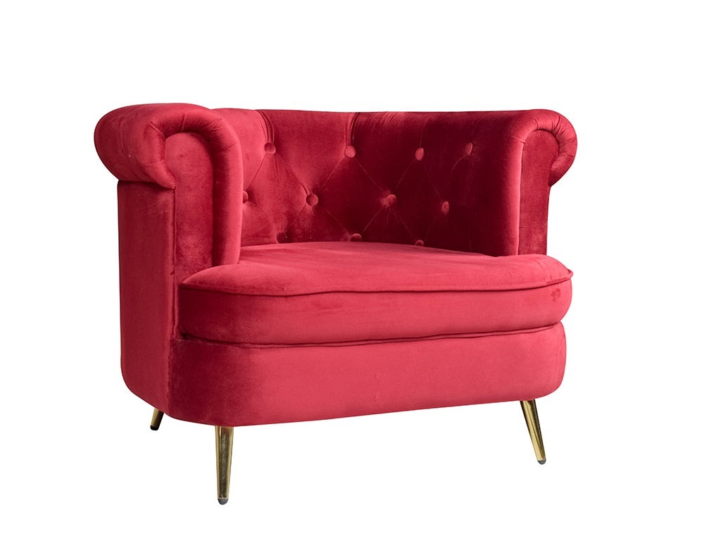 Werfo Bardot Lounge Chair Maroon Velvet Fabric With Golden Legs - 31.4(H) X 31.5(W) X 29.5(D)