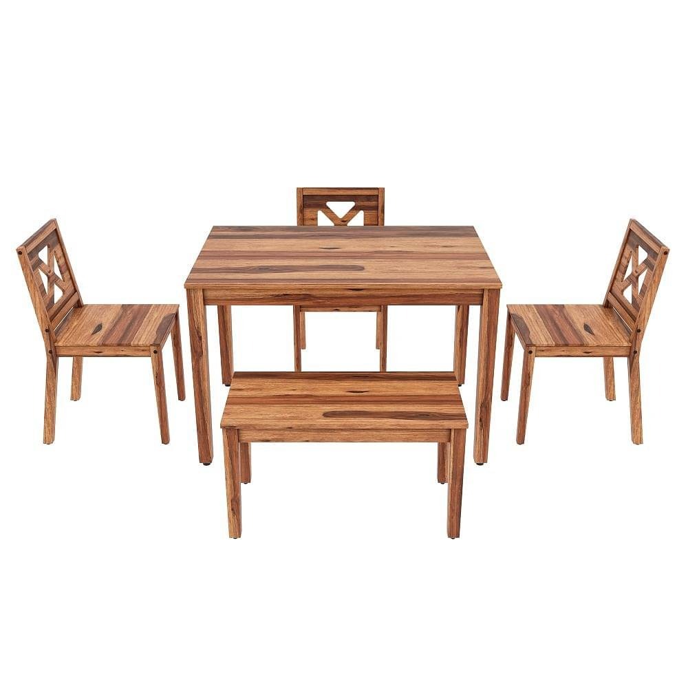 Werfo Manjano 4 seater sheesham wood Dining set - Table: (4 seater): L 1.14 m x W 76 cm x H 76 cm (45 x 30 x 30 in inches) Bench: L 80cm x W 39.5cm x H 45cm (31.4 x 15.5 x 17.7 inches) Chair: D 52 cm x W 43 cm x H 84 cm (33 x 16.9 x 20.4 inches)