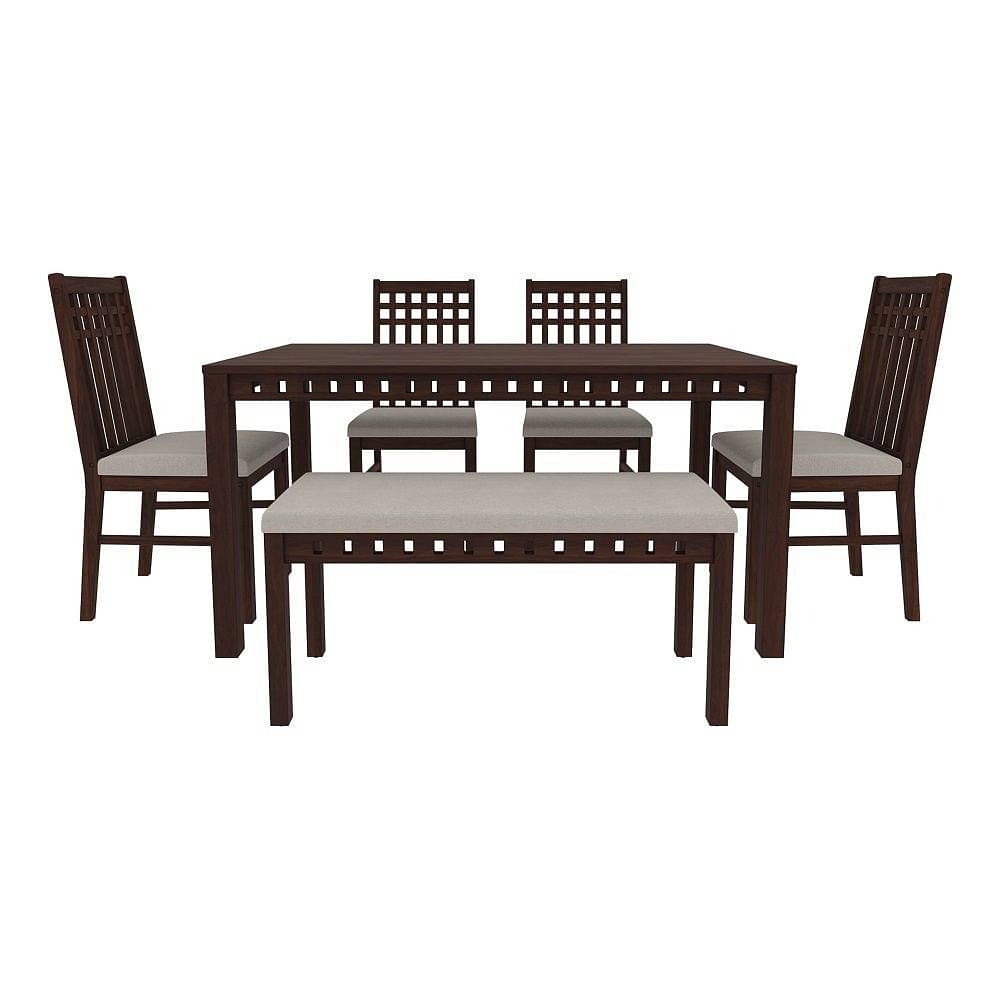 werfo Kopra 6 seater Dining Set (with cushion omega pearl) - Table: (6 seater): L 1.47 m x W 89 cm x H 76 cm (58 x 35 x 30 inches) Bench: L 1 m x W 39.5 cm x H 48 cm (39.3 x 15.5 x 18.8 inches) Chair: L 46 cm x W 50.5 cm x H 99.5 cm (18.1 x 19.8 x 39.1 inches)