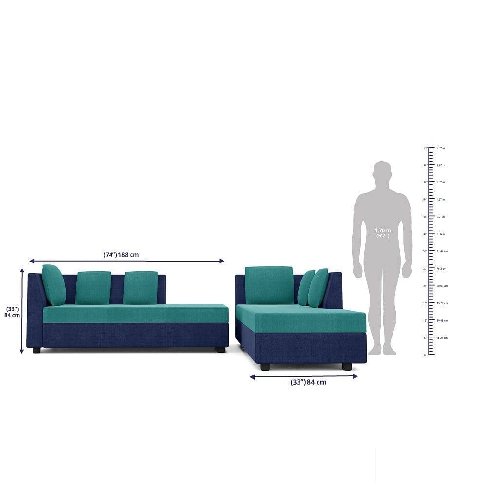 Werfo Skiver L Shape 5 Seater Sofa Set (2 Seater + Right Aligned Chaise)  Dark Blue & Sky Green