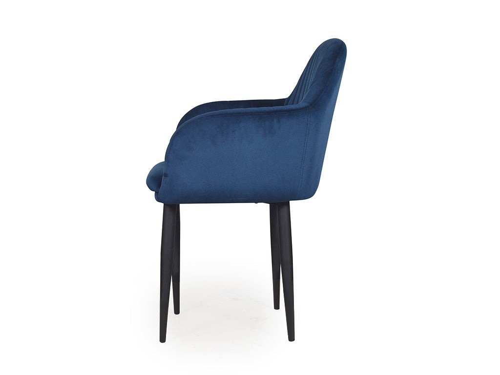 Werfo Harley Slipper Chair In Blue Fabric - Experience pure comfort and relaxation with the Harley Slipper Chair. Crafted with a sturdy frame and metal legs, it's designed to be comfortable and built to last. The armrest and plush fabric add further comfort to the lounge chair, ensuring you can truly relax.  Condition: Brand New Type: Lounge Chair Colour: Blue (Customisable) Material: Fabric Dimensions : 22.5(W) X 19(D) X 34(H) inches; Seating Height: 19 inches;