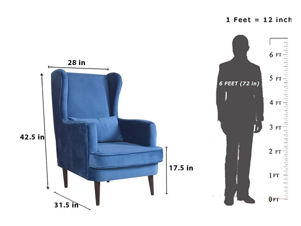 Werfo Genoa Wing Chair In Blue Velvet Fabric - 28(W) x 31.5(D) x 42.5(H) inches; Seating Height - 17.5 inches