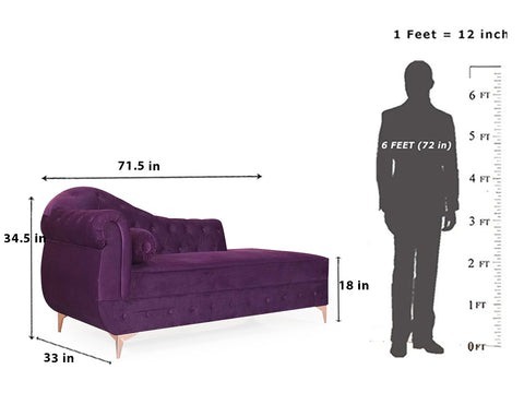 Werfo Avon Chaise Lounge Sofa In Purple Velvet Fabric - 34.5(H) x 72(W) x 33(D) inches, Seating Height : 18 Inches