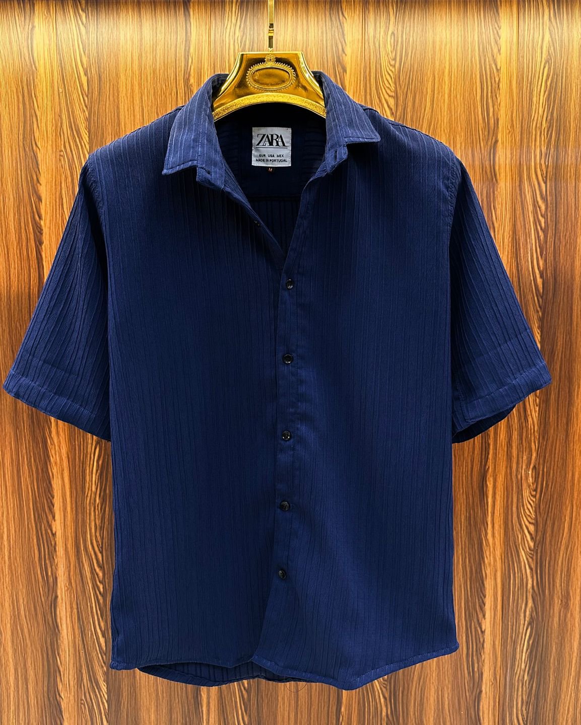 Striped Textured Weaved Shirt - Navy Blue, M