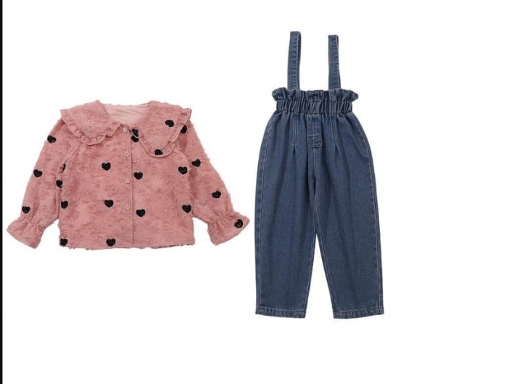 Polka Dot Barasso Shiffon Skirt With Denim Dungree - Pink, 3y