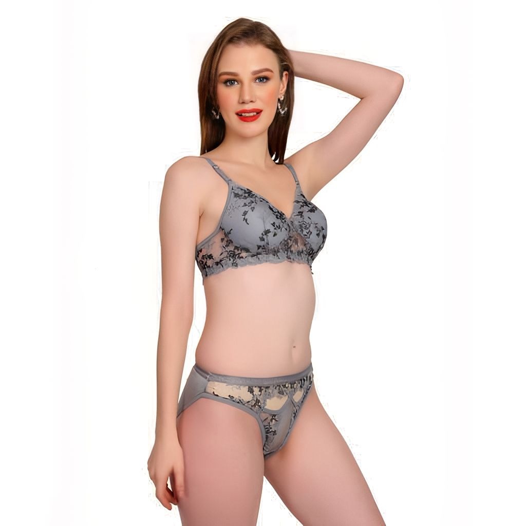 Push Up Lingerie Set  - Grey, 34B, Free