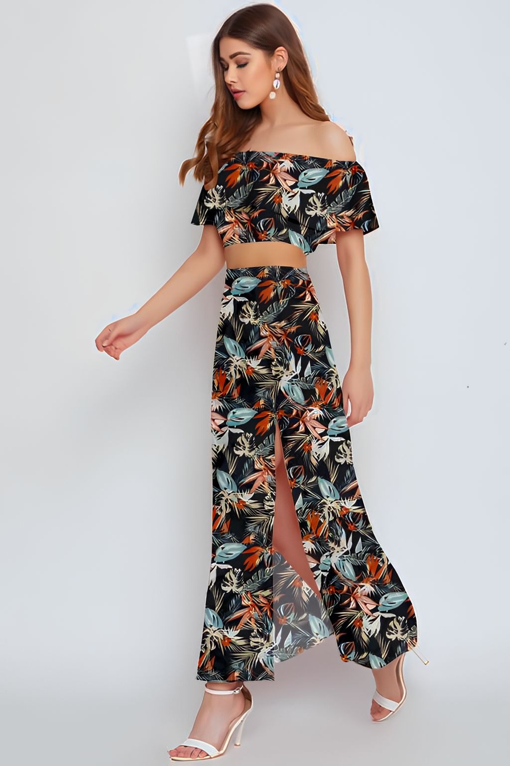 Floral Printed Top & Bottom Set - Multicolor, L, Free