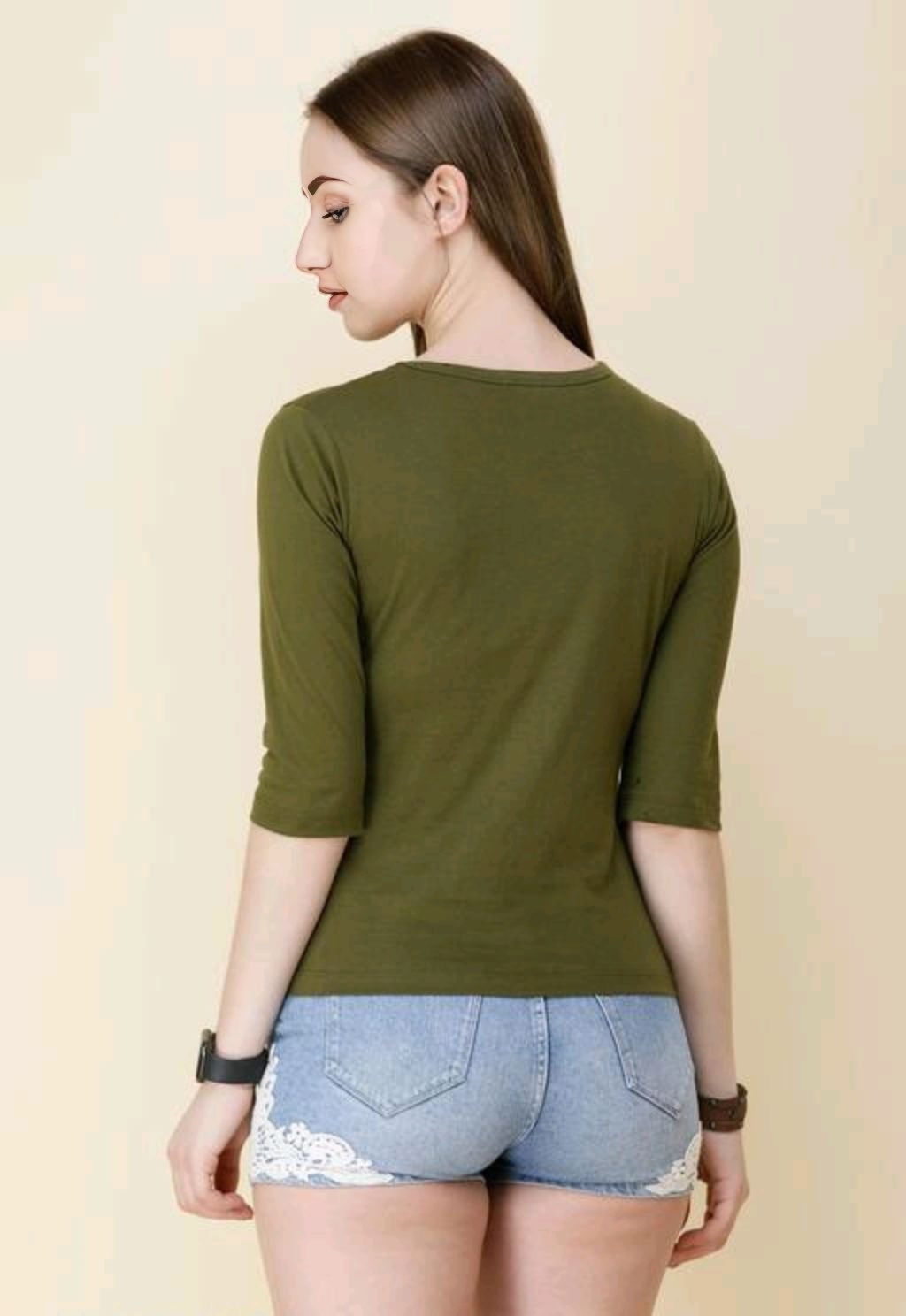 Cotton Casual T-shirt - Olive Green, XS, Free