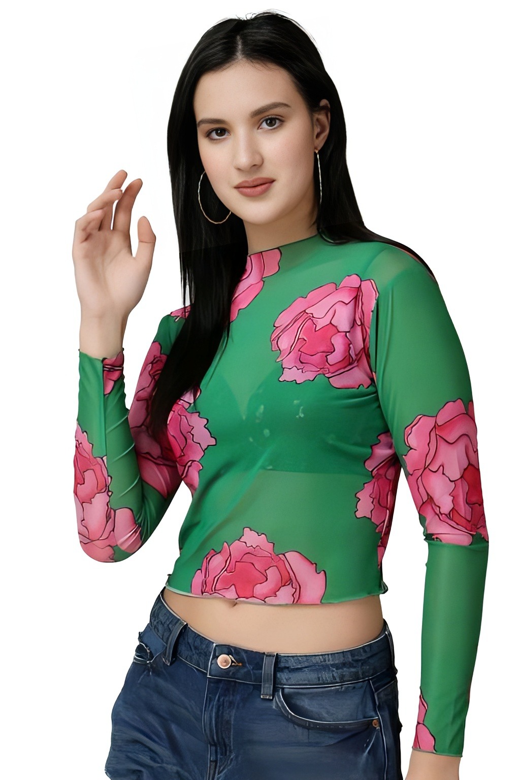 Floral Net Printed Top - Multicolor, M, Free