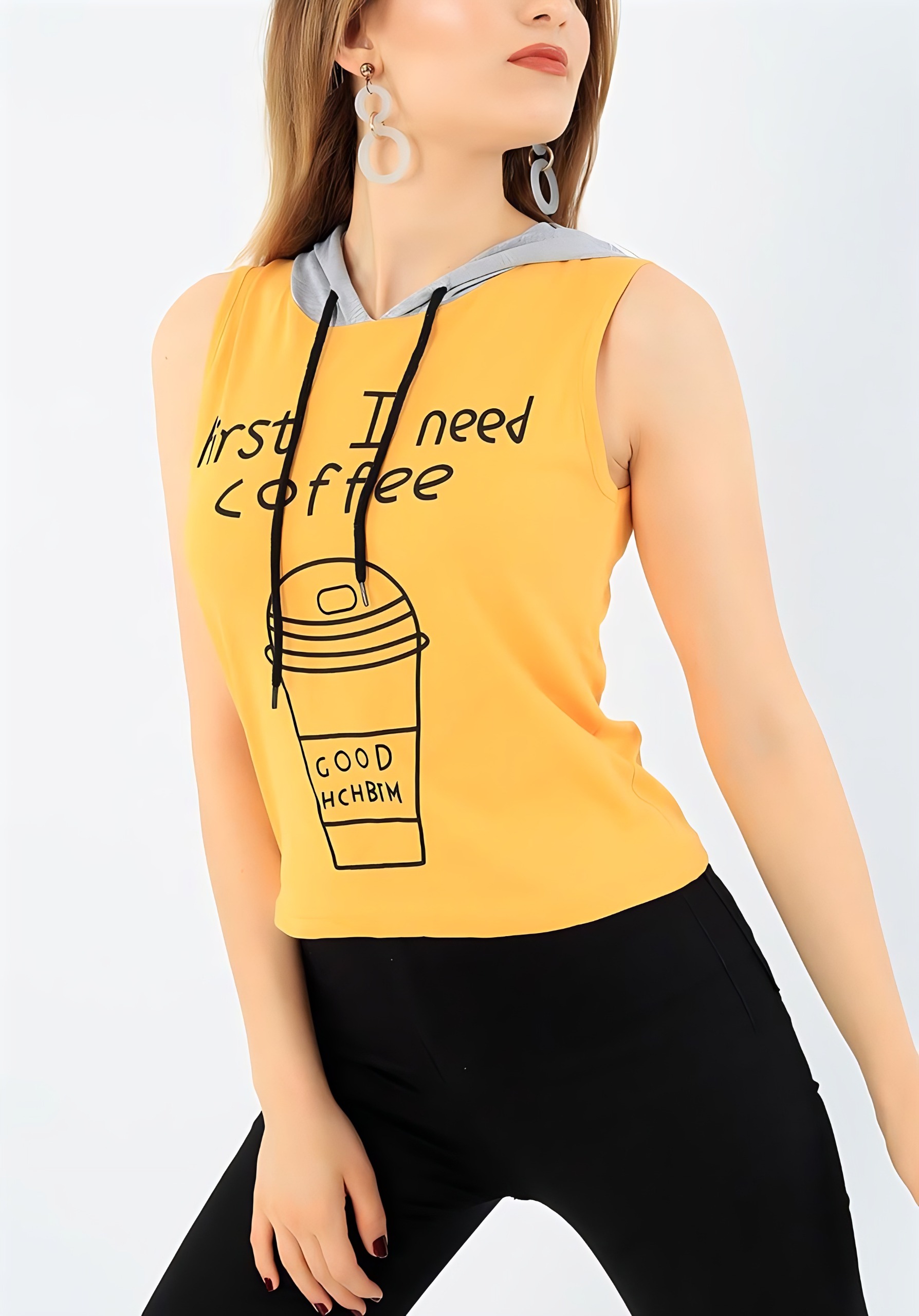 Cotton Hooded T-Shirt - Mustard, L, Free