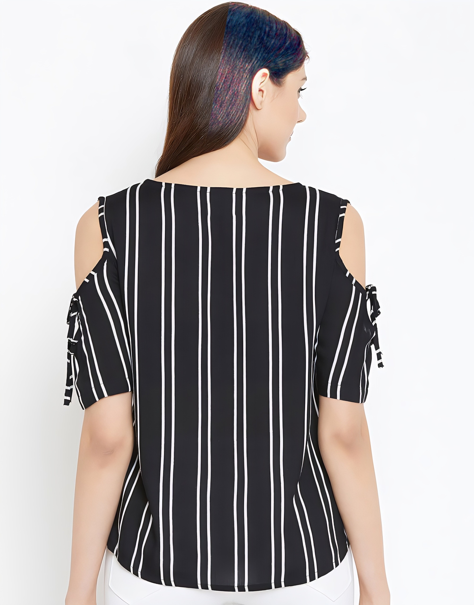 Striped Crepe Top - Black, L, Free