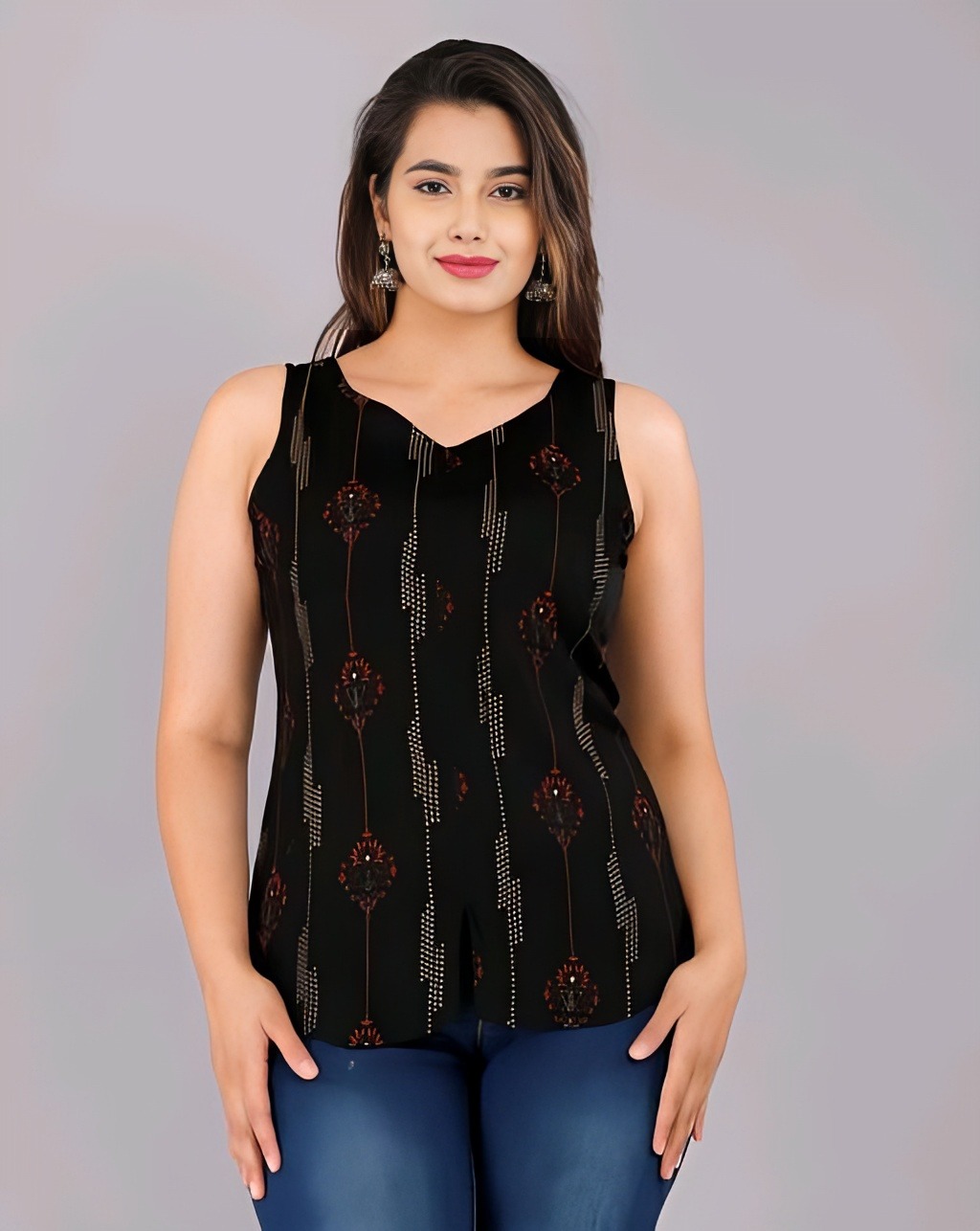 Rayon Printed Top - Black, XL, Free