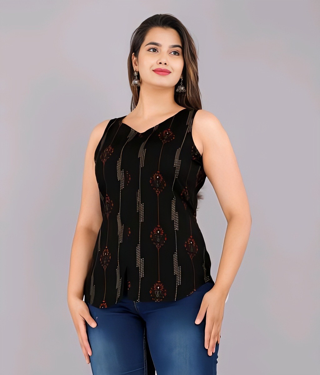 Rayon Printed Top - Black, S, Free