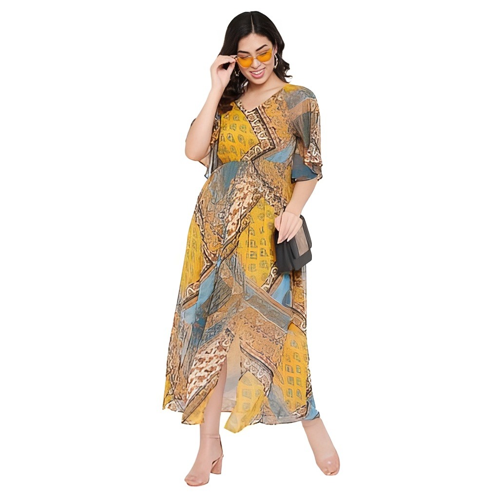 Printed Maxi Dress - Multicolor, L, Free