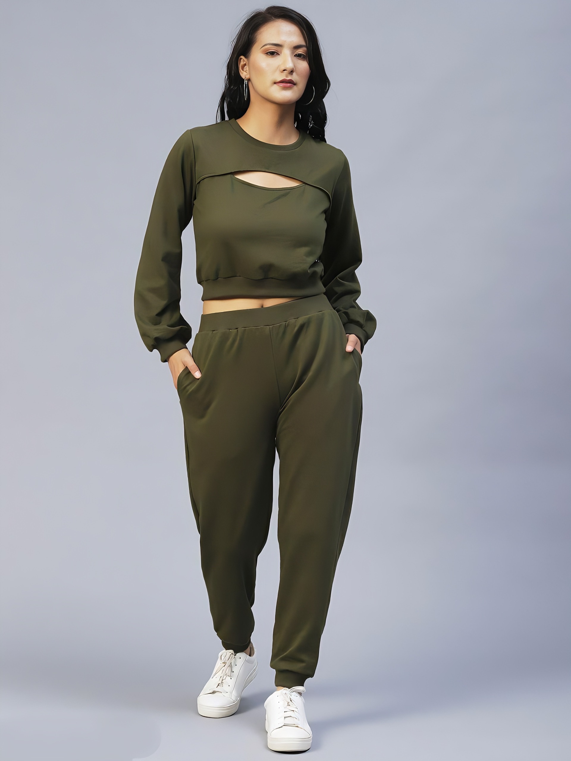 Cotton Solid Tracksuit - Olive, M, Free