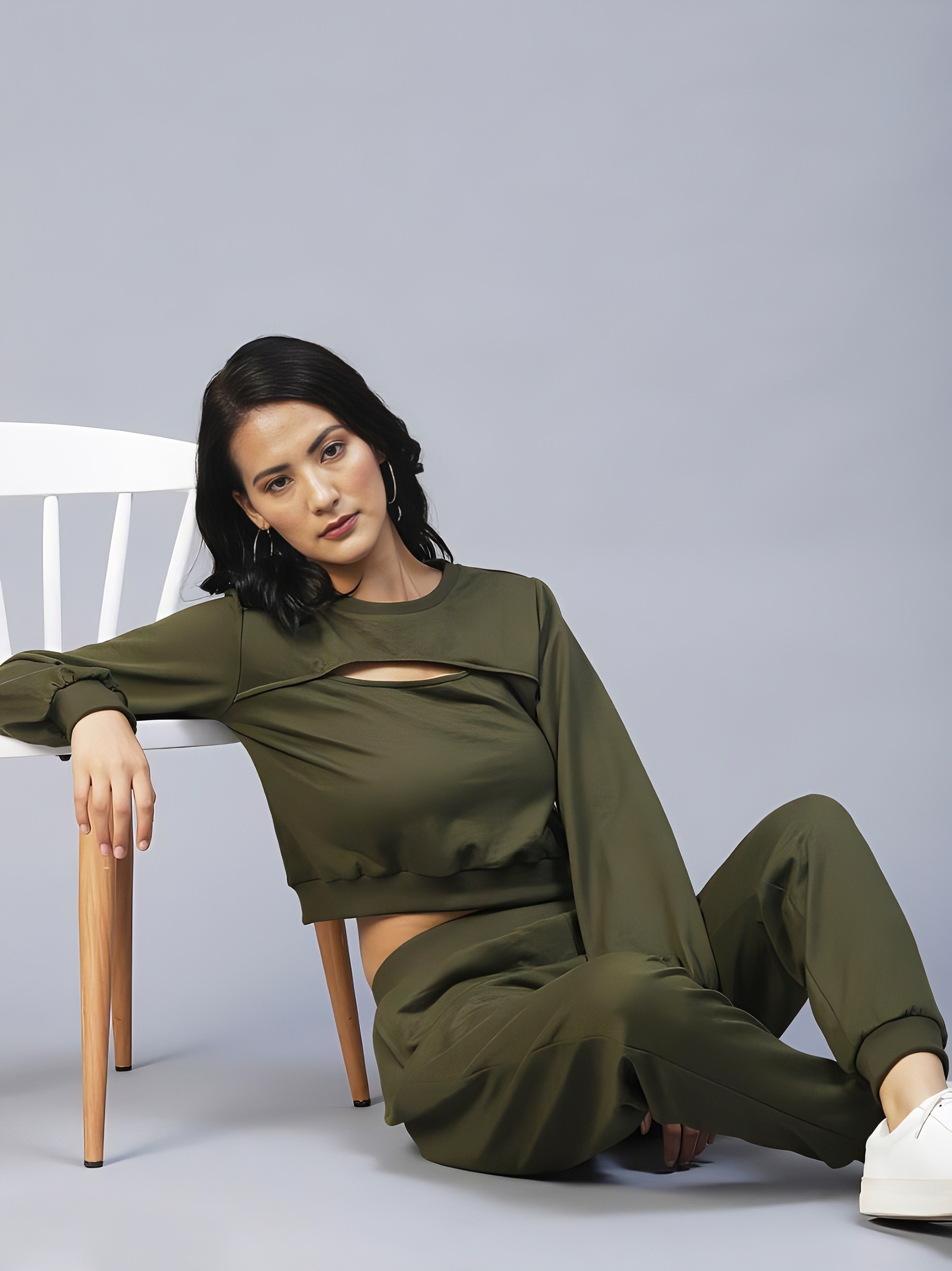 Cotton Solid Tracksuit - Olive, XL, Free