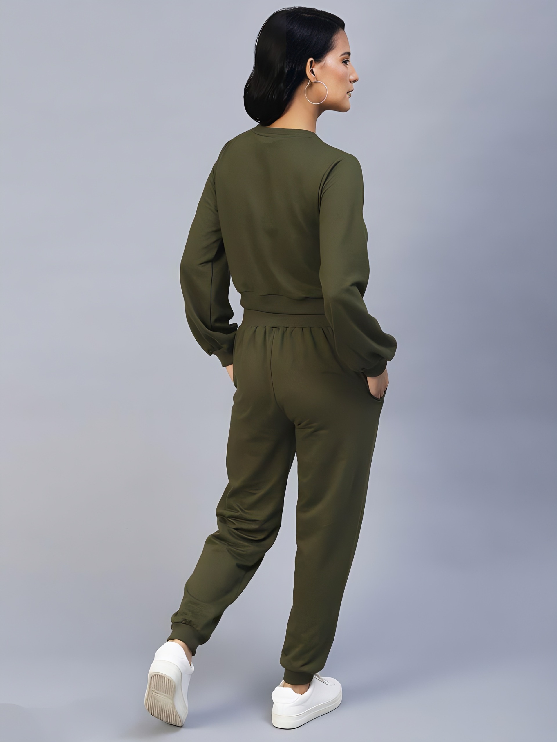 Cotton Solid Tracksuit - Olive, XL, Free