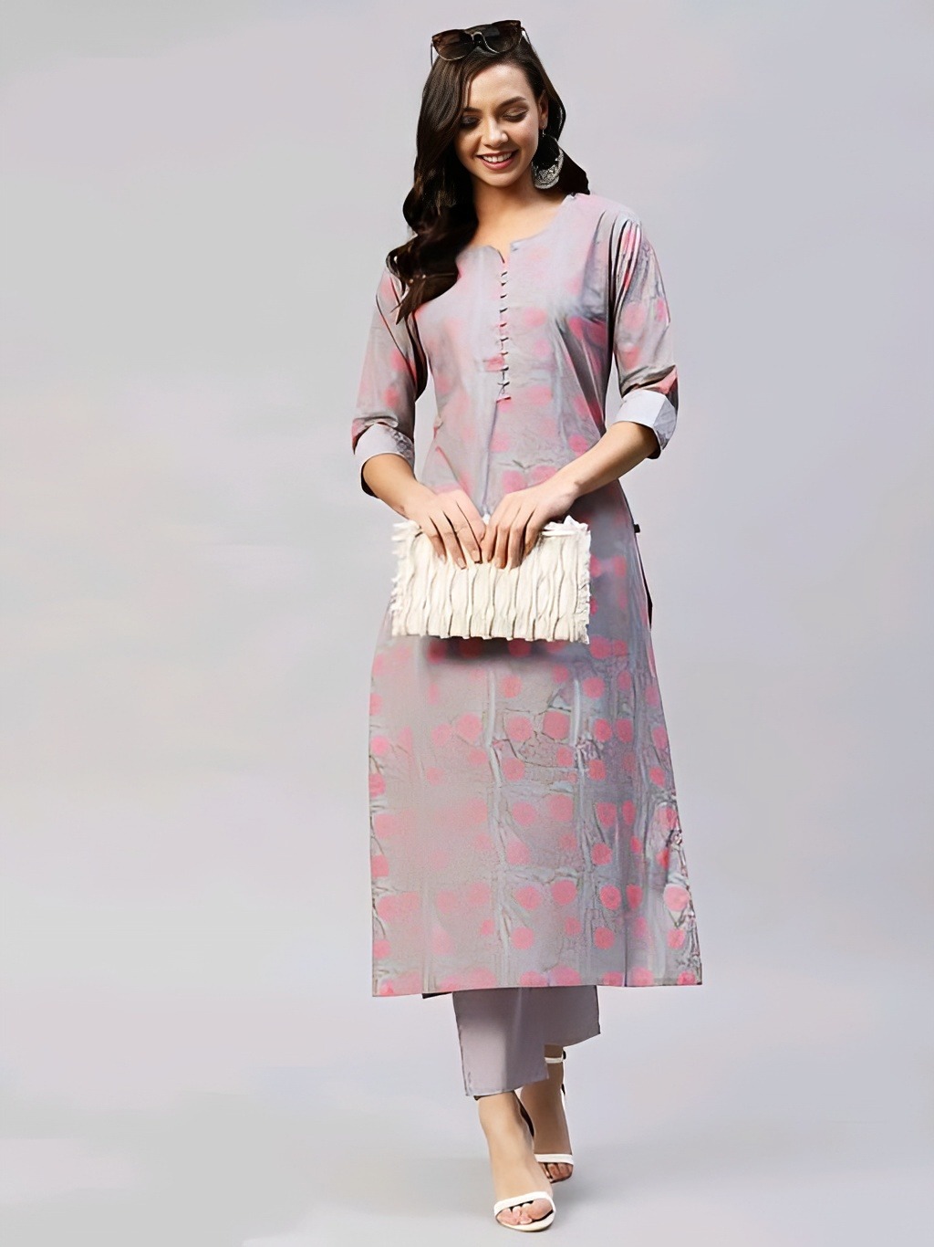 Cotton Blend Kurta With Trouser - Swiss Coffee, L, Free