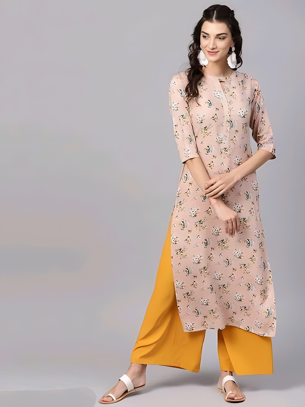 Simple Kurta & Palazzo Set - Champagne, L, Free