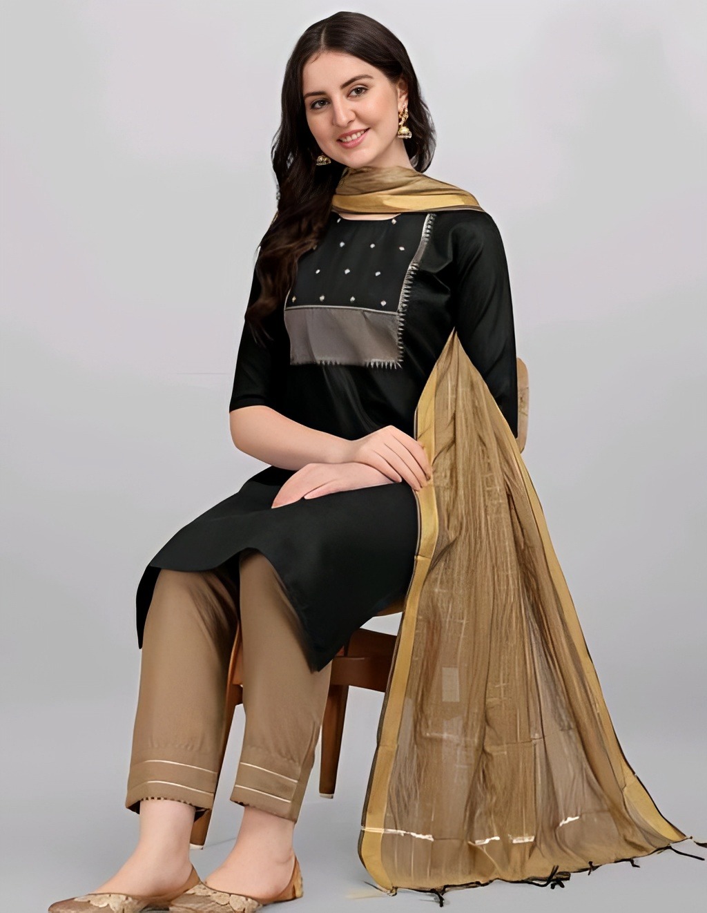 Kurta and Pant With Dupatta Set - Black, XL, Free