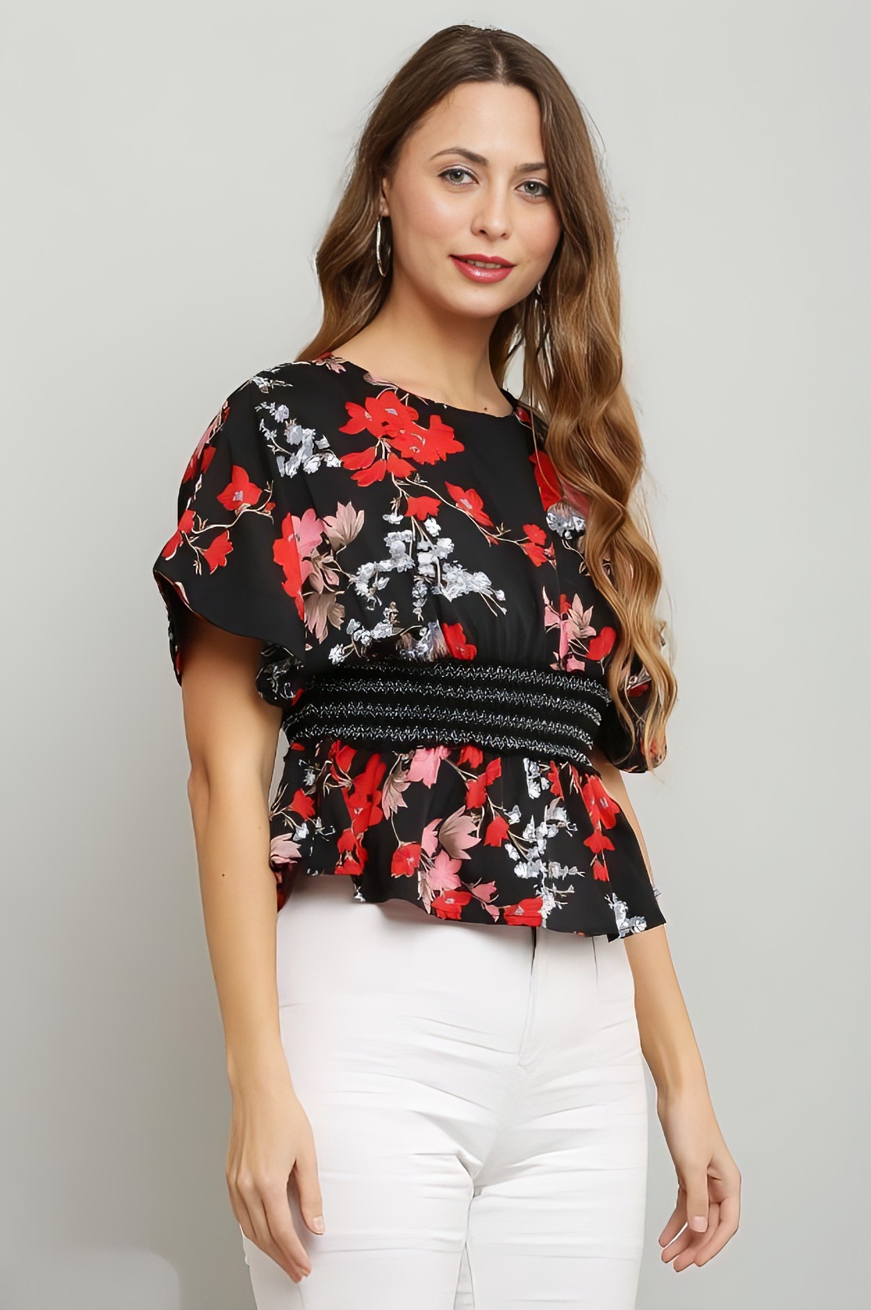 Cinched Lace Waist Printed Top - Black, L, Free