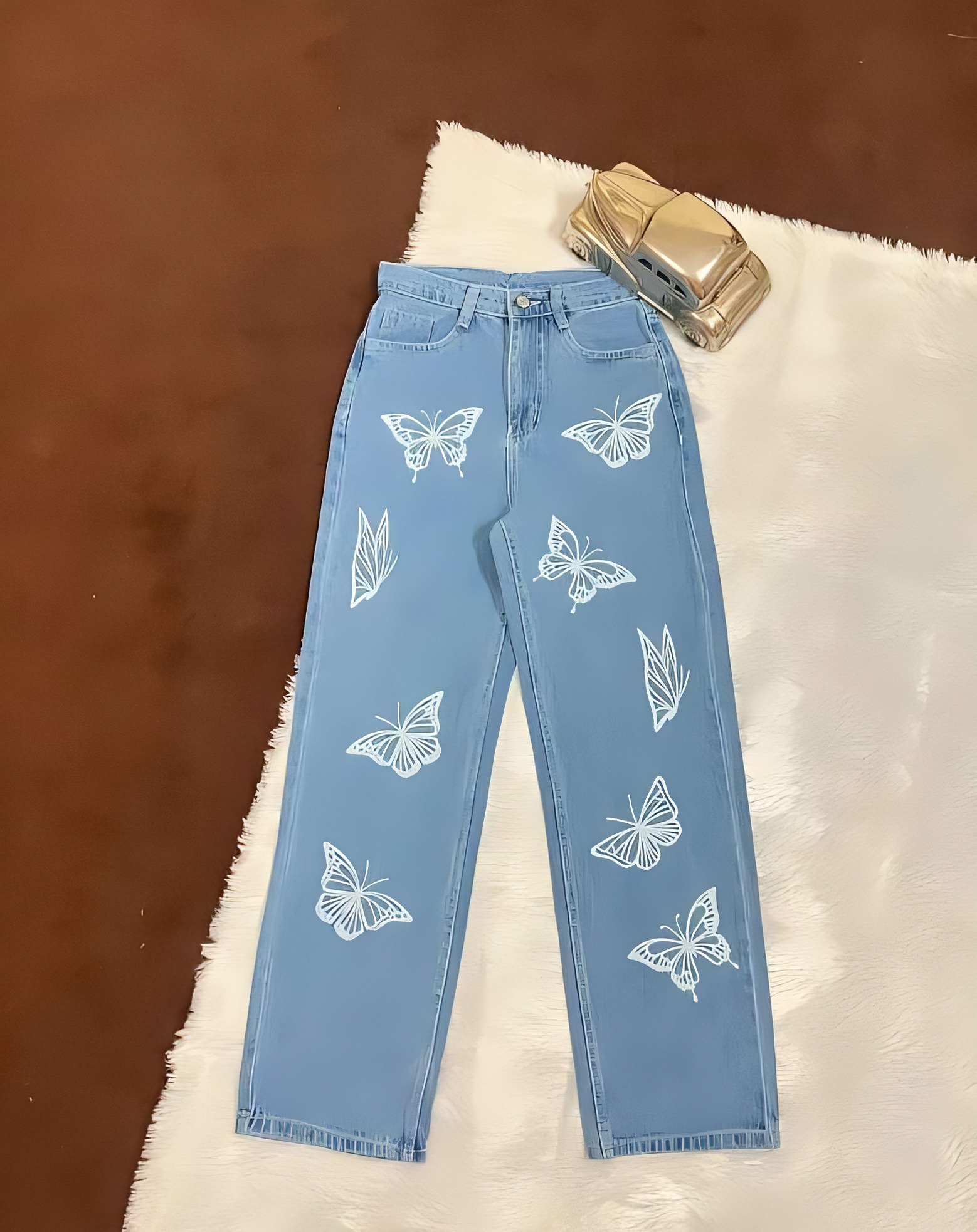 Butterfly Printed High Rise Jeans - Blue, 32, Free