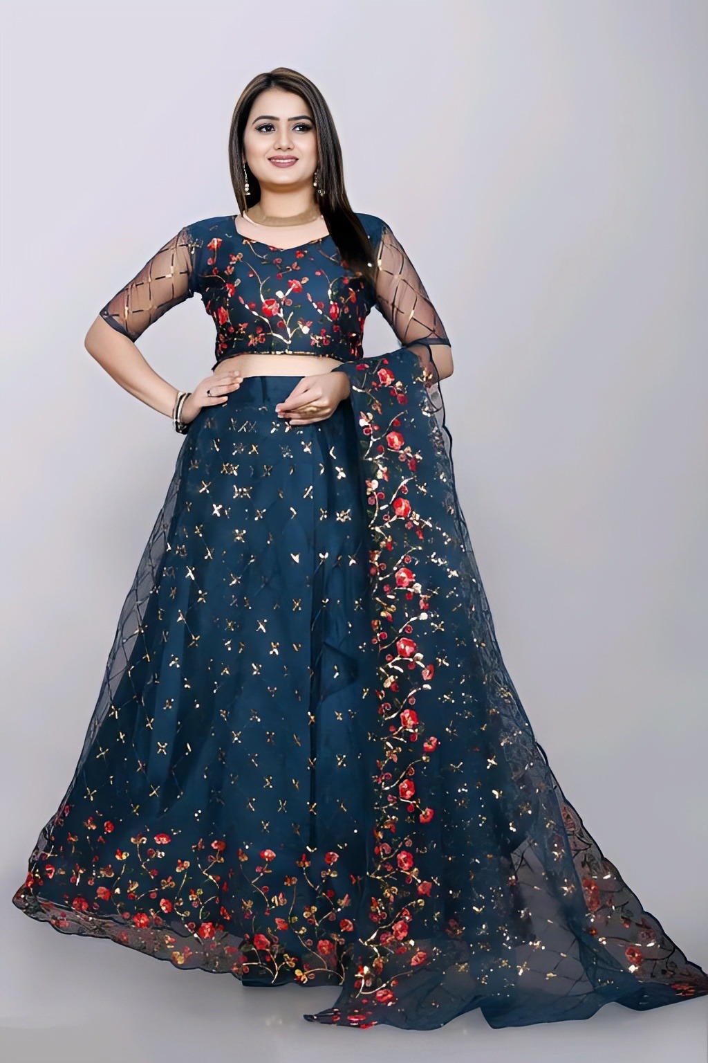 Heavy Worked Lehenga With Blouse - Nile Blue, Free Size, Free