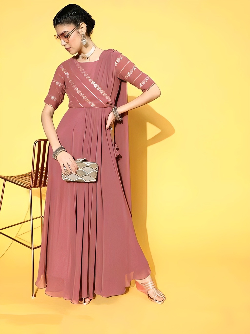 Indo Western Maxi Dress - New York Pink, S, Free