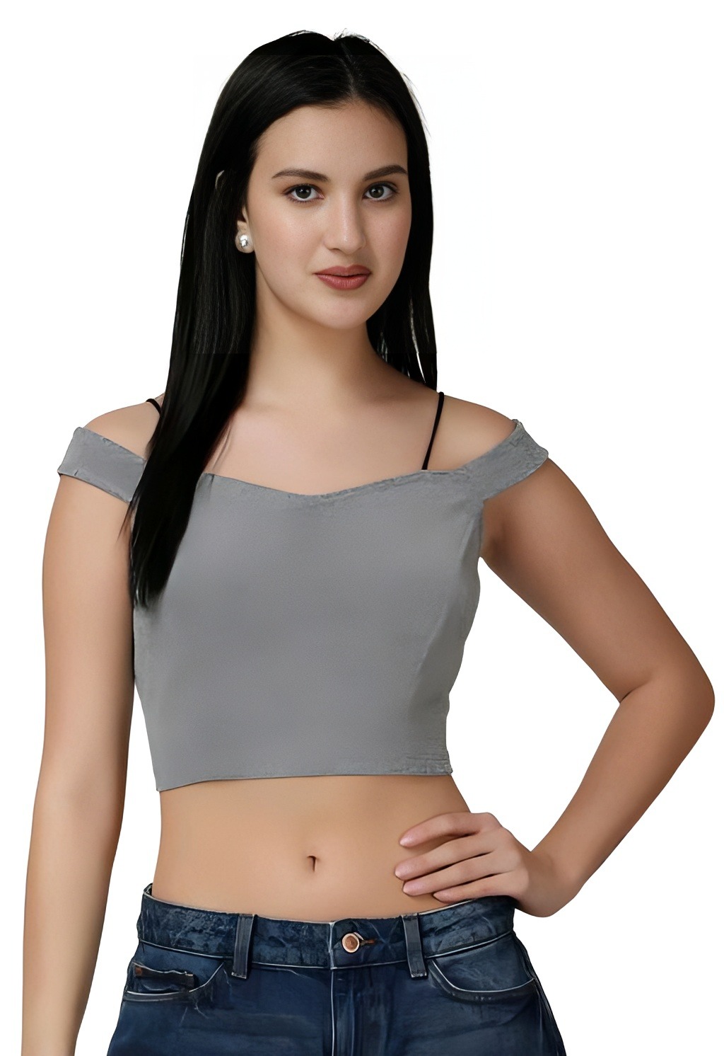 Casual Off-Shoulder Crop Top - Mountain Mist, XL, Free