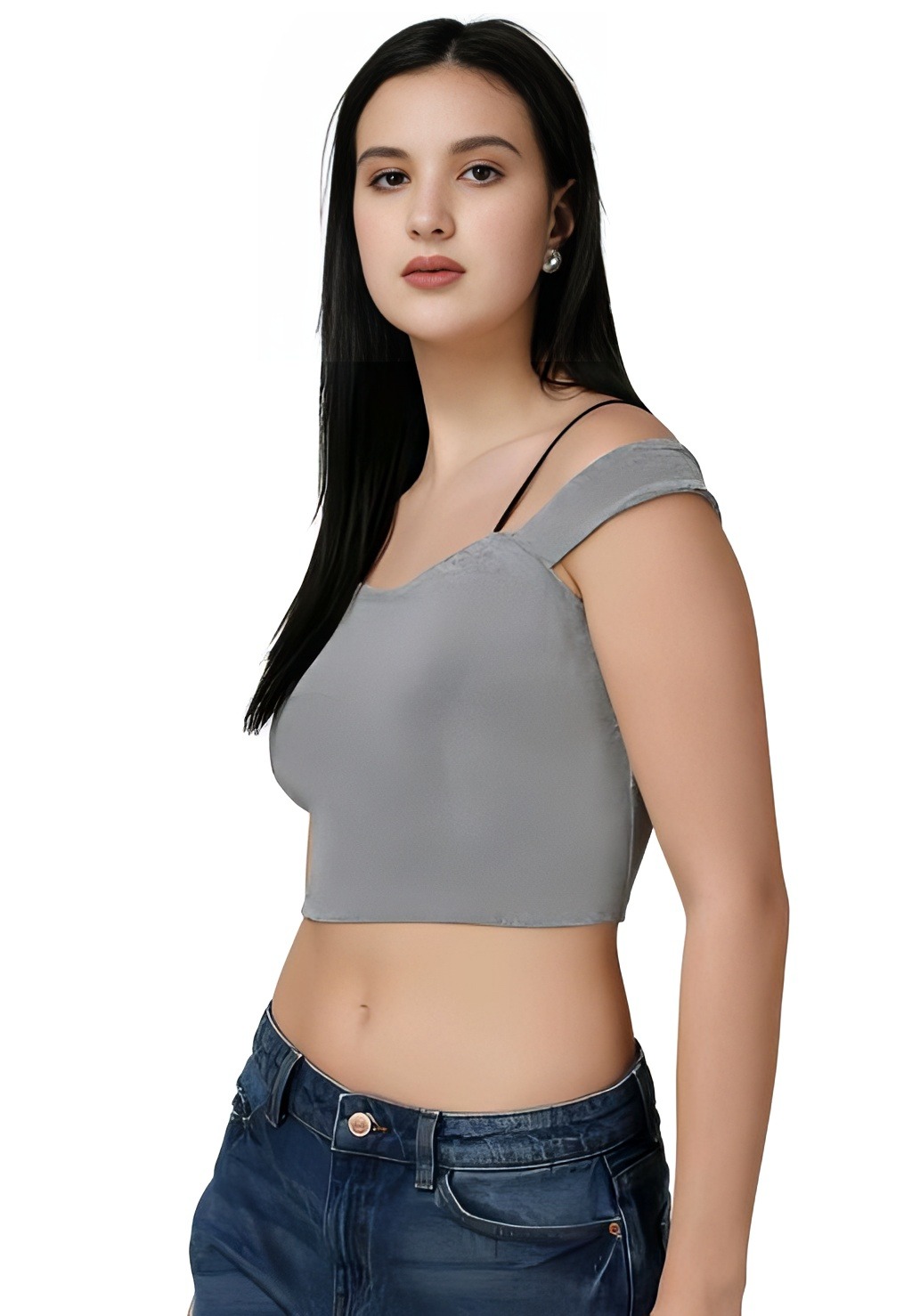 Casual Off-Shoulder Crop Top - Mountain Mist, S, Free