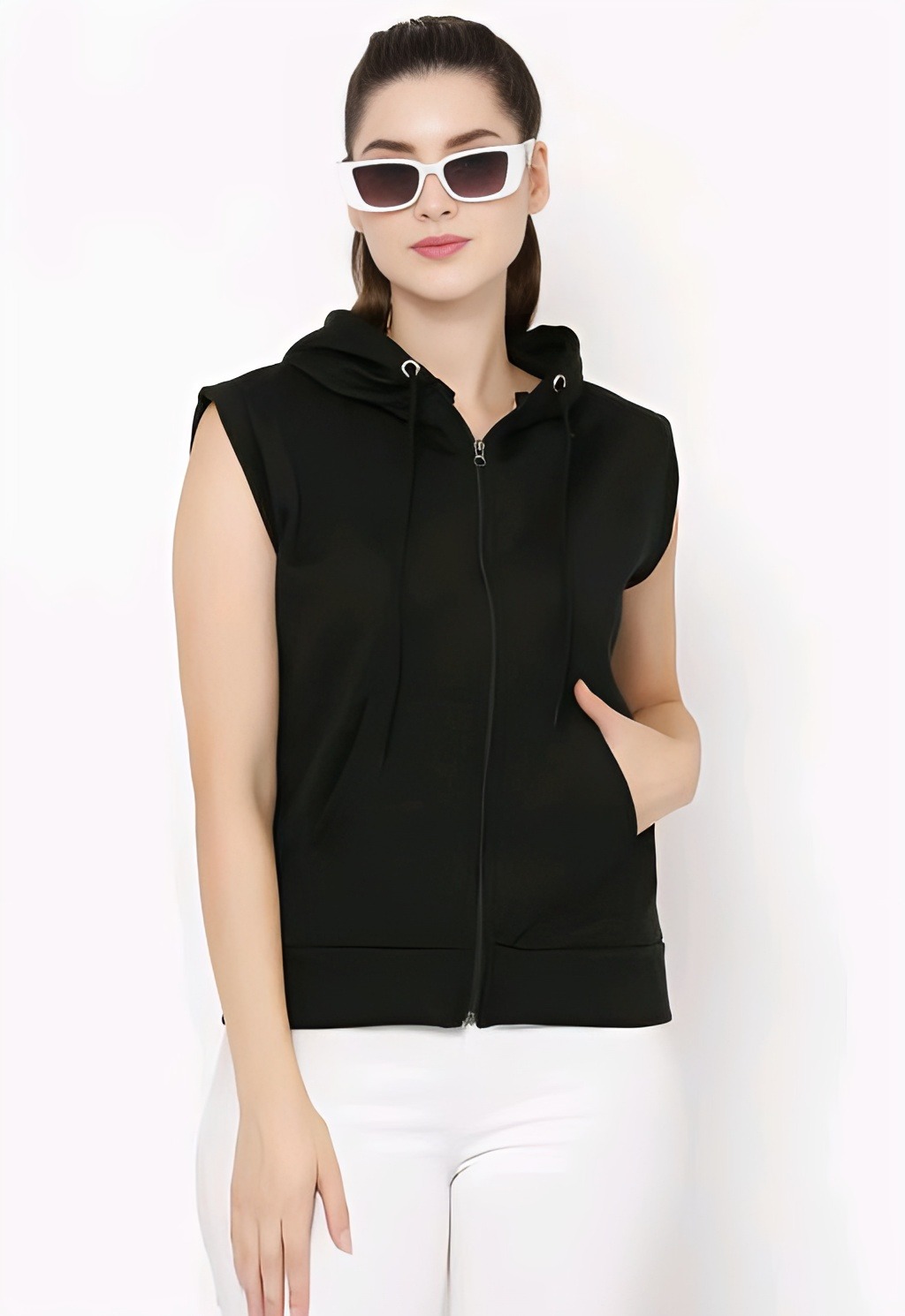 Sleeveless Zipper Hoodie - Black, M, Free