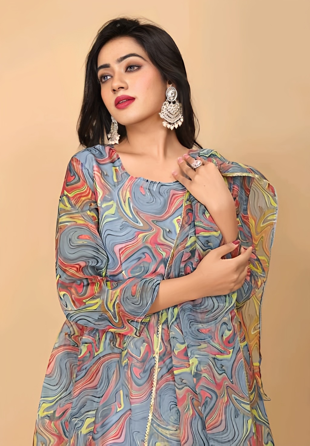 Full Length Dress With Dupatta - Multicolor, XL, Free