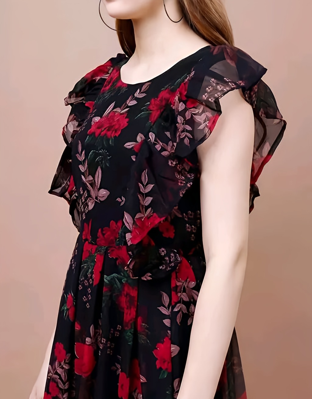 Floral Printed Dress - Black, XL, Free