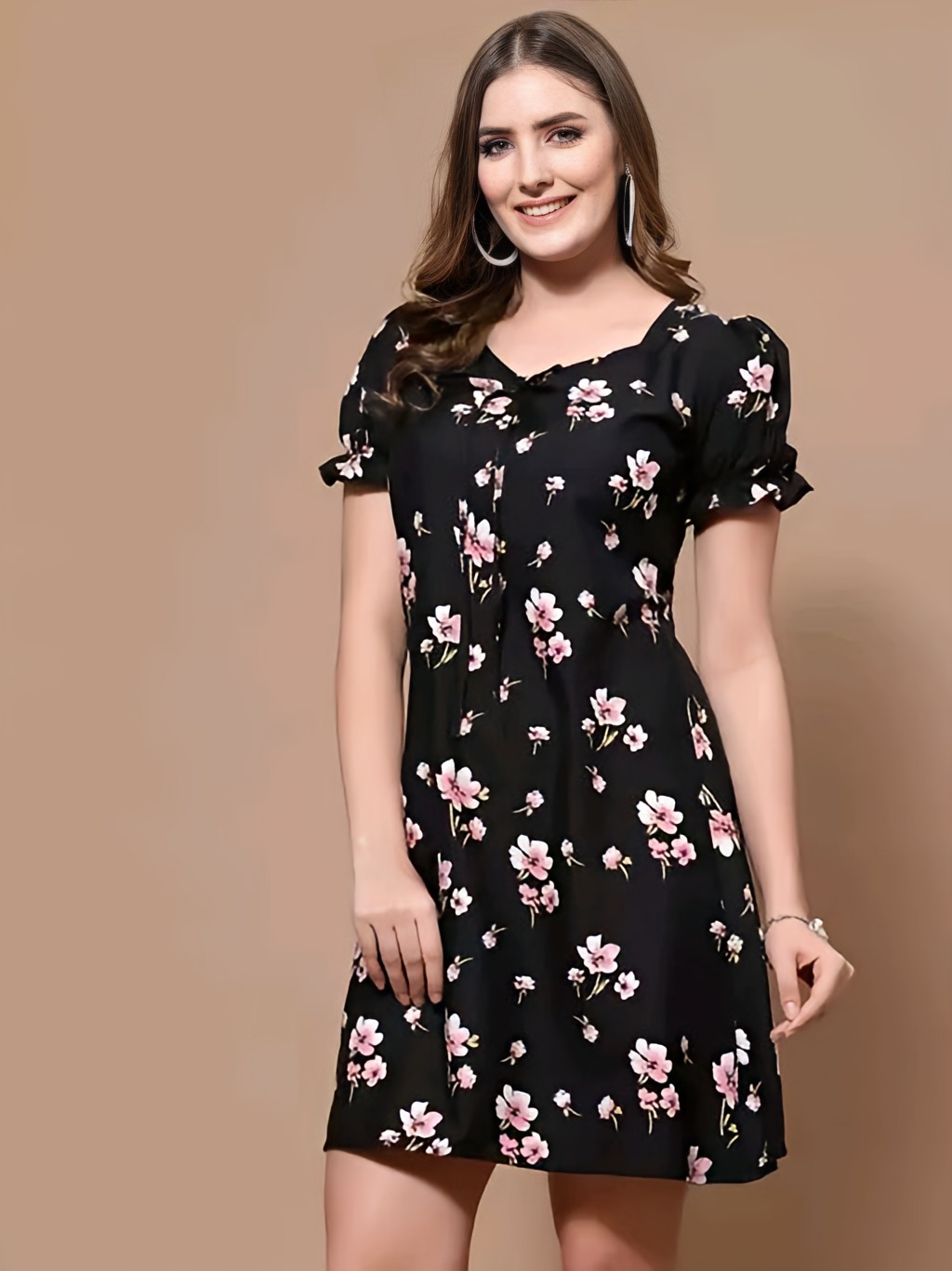 Floral Short Dress - Black, S, Free