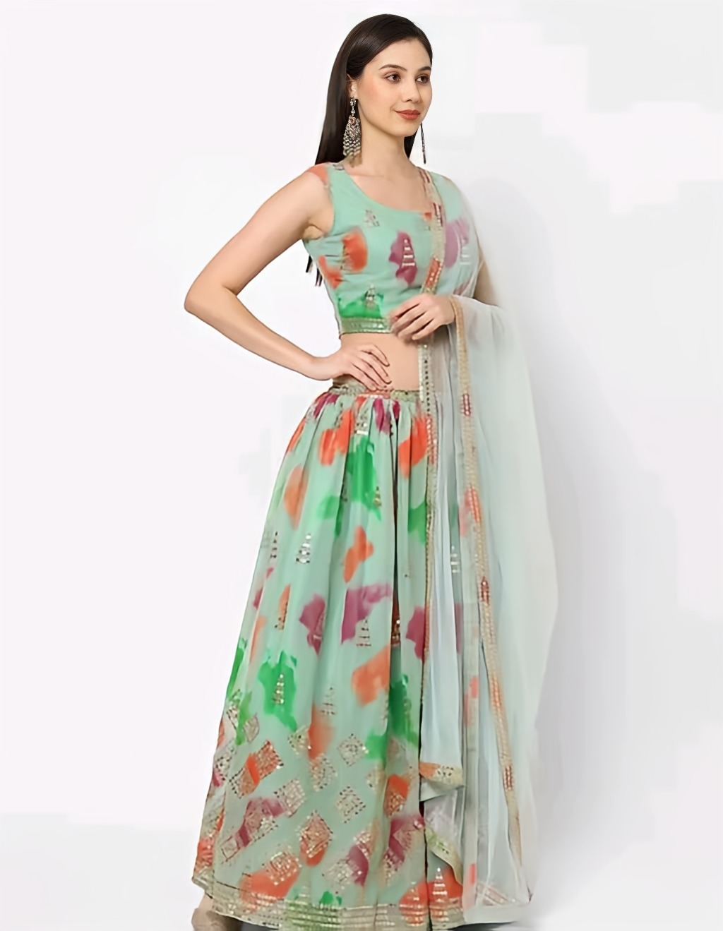 Poly Georgette Lehenga - Spring Rain, Semi Stitched, Free